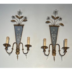 Pair of Sconces with Engraved Mirror and Beaded Flowers, N | Maison Barrois
