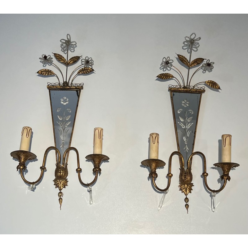 Pair of Sconces with Engraved Mirror and Beaded Flowers, N | Maison Barrois