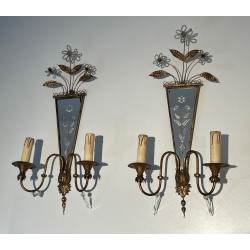 Pair of Sconces with Engraved Mirror and Beaded Flowers, N | Maison Barrois