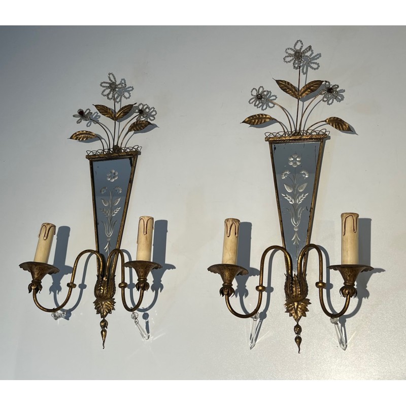 Pair of Sconces with Engraved Mirror and Beaded Flowers, N | Maison Barrois