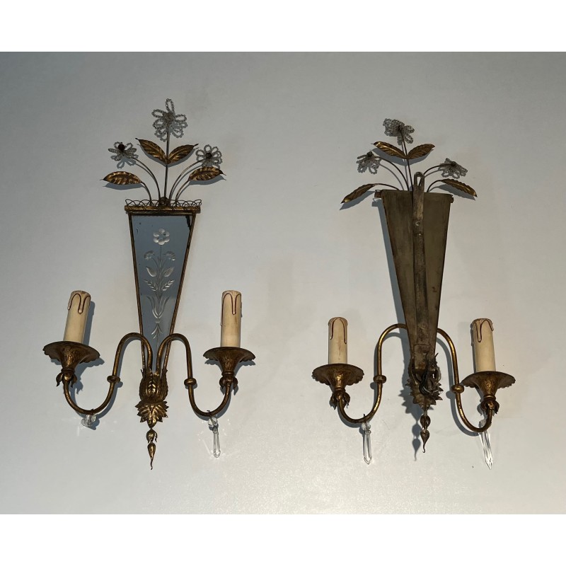Pair of Sconces with Engraved Mirror and Beaded Flowers, N | Maison Barrois