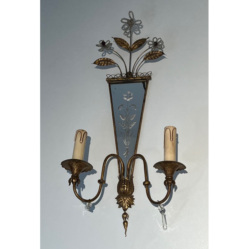 Pair of Sconces with Engraved Mirror and Beaded Flowers, N | Maison Barrois