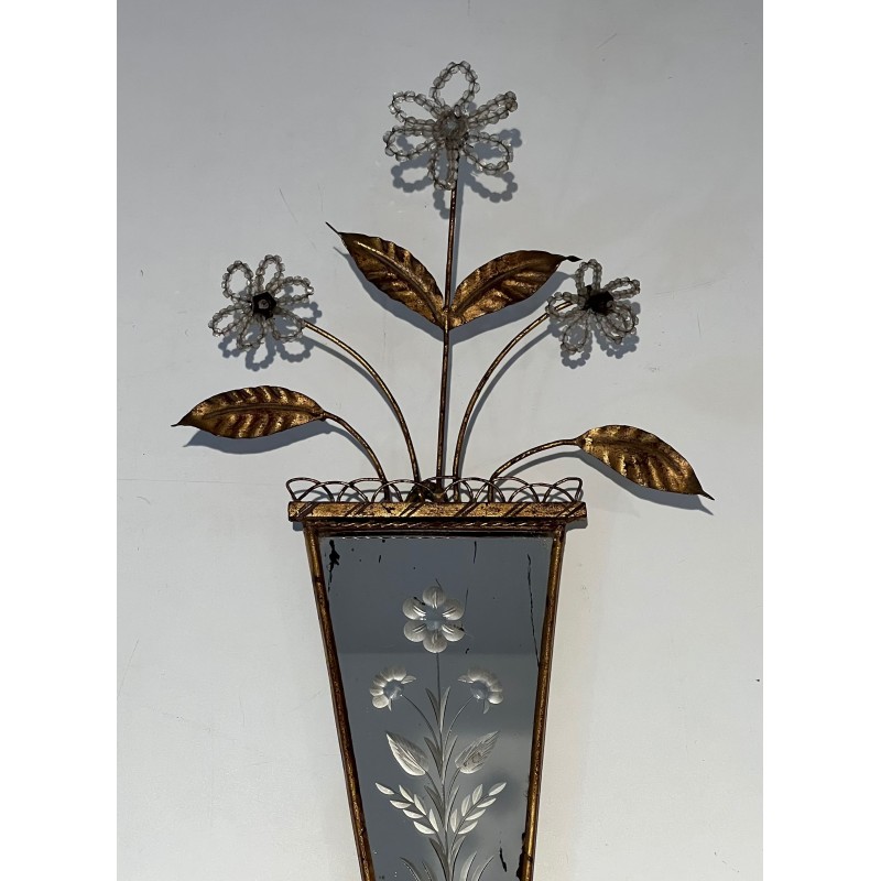 Pair of Sconces with Engraved Mirror and Beaded Flowers, N | Maison Barrois