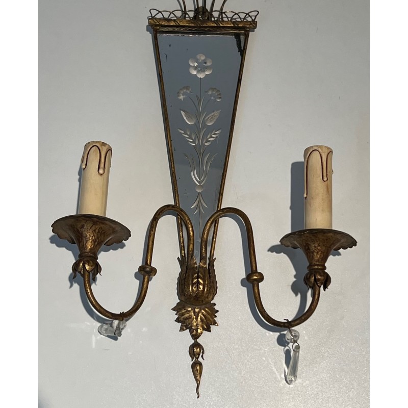 Pair of Sconces with Engraved Mirror and Beaded Flowers, N | Maison Barrois