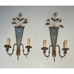 Pair of Sconces with Engraved Mirror and Beaded Flowers, N | Maison Barrois