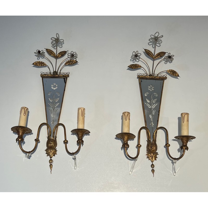 Pair of Sconces with Engraved Mirror and Beaded Flowers, N | Maison Barrois
