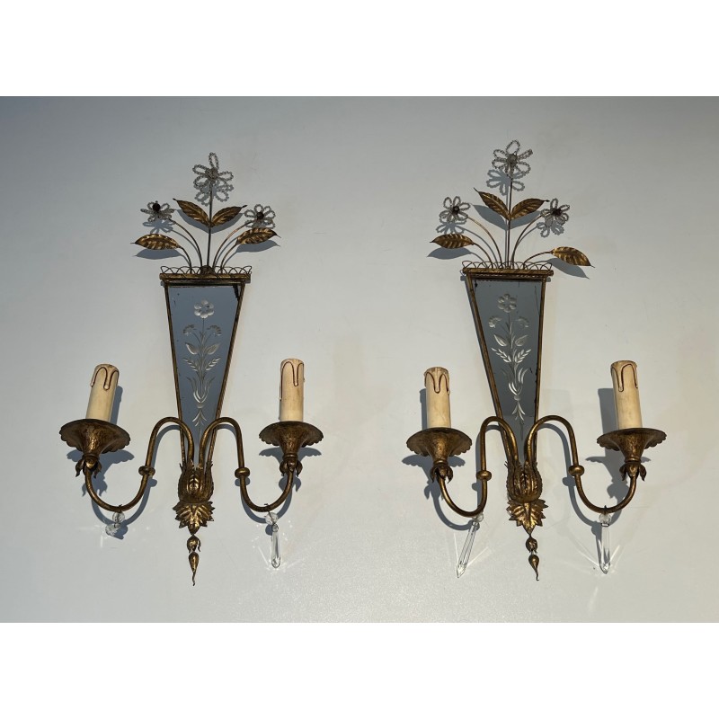 Pair of Sconces with Engraved Mirror and Beaded Flowers, N | Maison Barrois