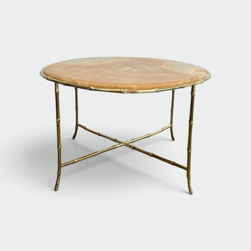 Round Coffee Table in Faux-Bamboo Bronze with an Onyx Top, | Maison Barrois