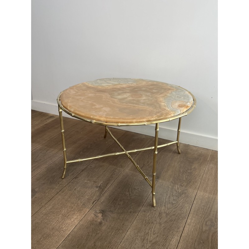 Round Coffee Table in Faux-Bamboo Bronze with an Onyx Top, | Maison Barrois
