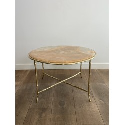 Round Coffee Table in Faux-Bamboo Bronze with an Onyx Top, | Maison Barrois