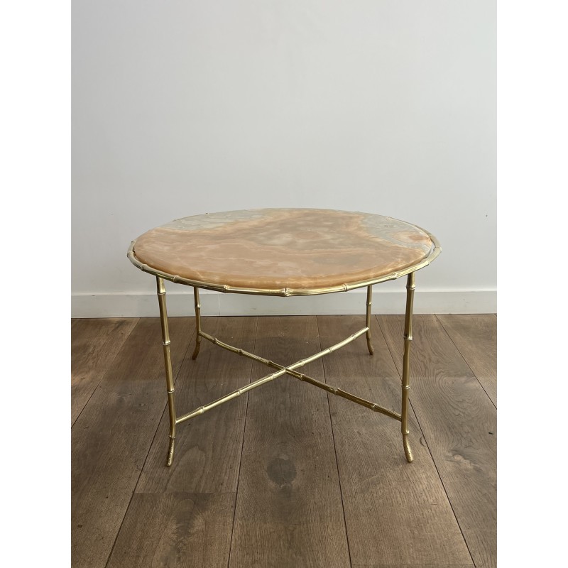 Round Coffee Table in Faux-Bamboo Bronze with an Onyx Top, | Maison Barrois