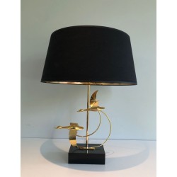 Brass Table Lamp with Flock of Wild Geese, French Work, circa 1970