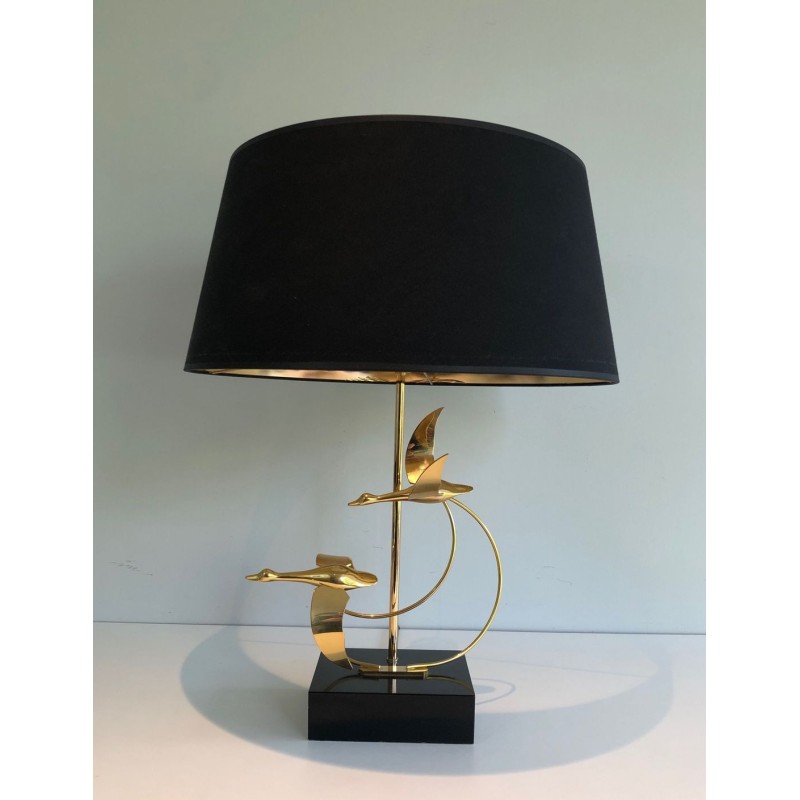 Brass Table Lamp with Flock of Wild Geese, French Work, circa 1970
