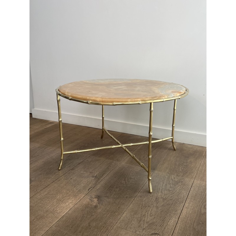 Round Coffee Table in Faux-Bamboo Bronze with an Onyx Top, | Maison Barrois