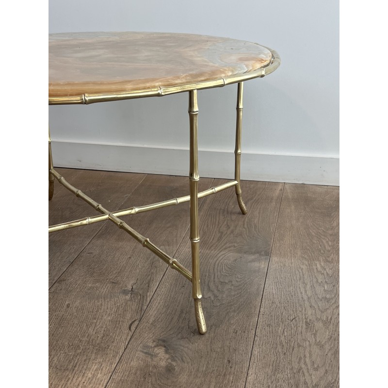 Round Coffee Table in Faux-Bamboo Bronze with an Onyx Top, | Maison Barrois
