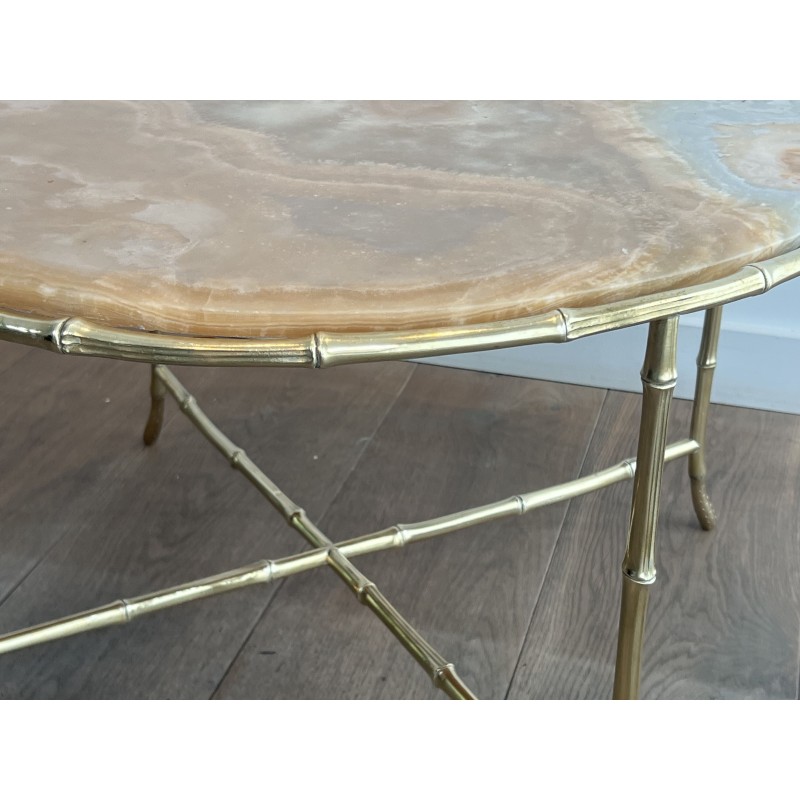 Round Coffee Table in Faux-Bamboo Bronze with an Onyx Top, | Maison Barrois