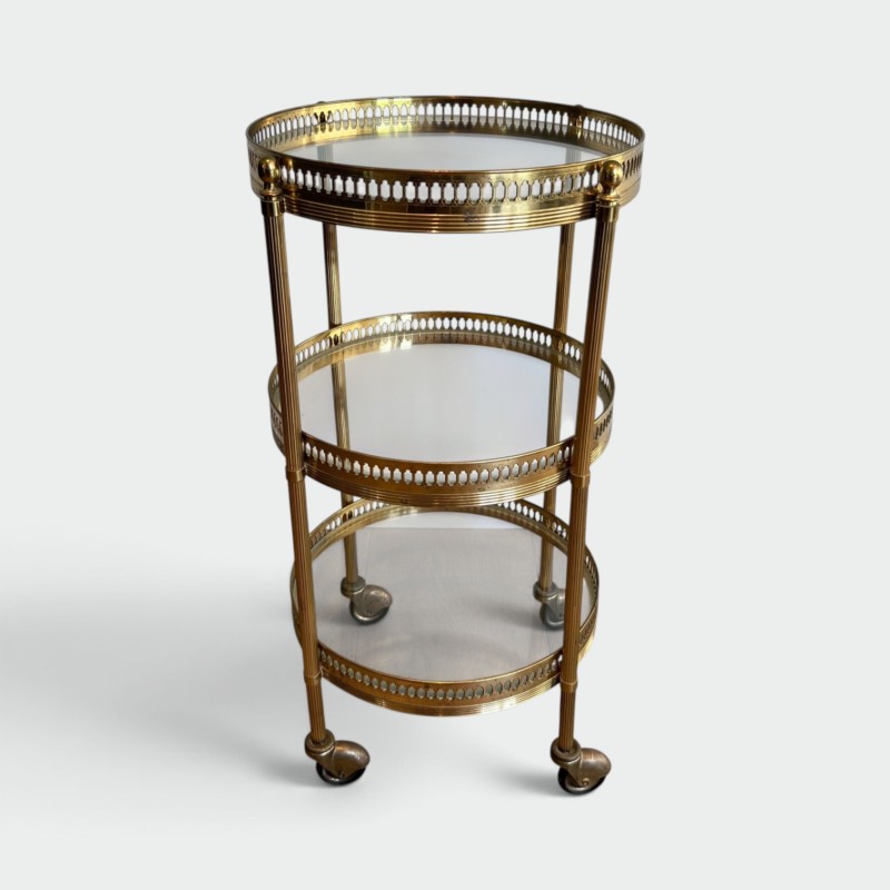 Round Brass Bar Cart with Three Glass Tiers and Openwork, | Maison Barrois