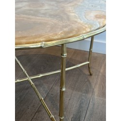 Round Coffee Table in Faux-Bamboo Bronze with an Onyx Top, | Maison Barrois