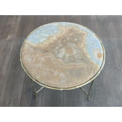 Round Coffee Table in Faux-Bamboo Bronze with an Onyx Top, | Maison Barrois