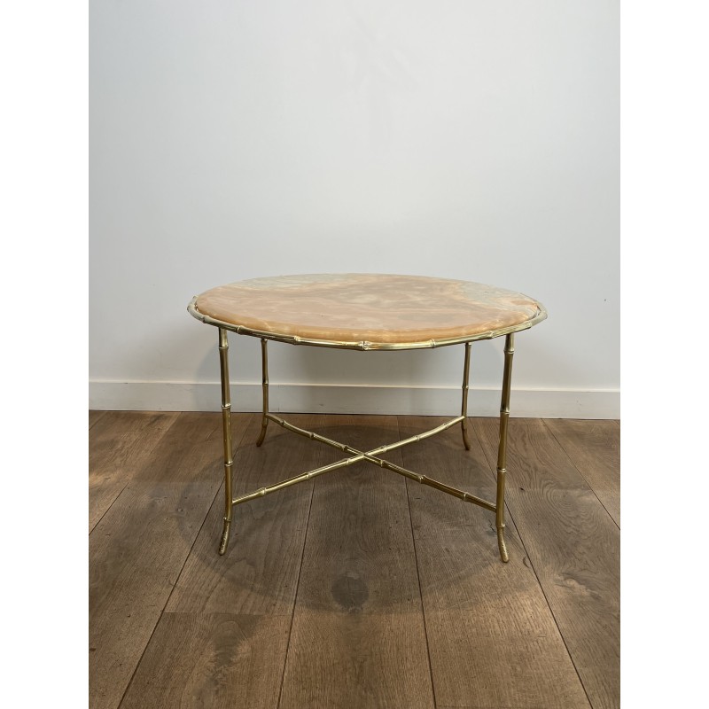 Round Coffee Table in Faux-Bamboo Bronze with an Onyx Top, | Maison Barrois