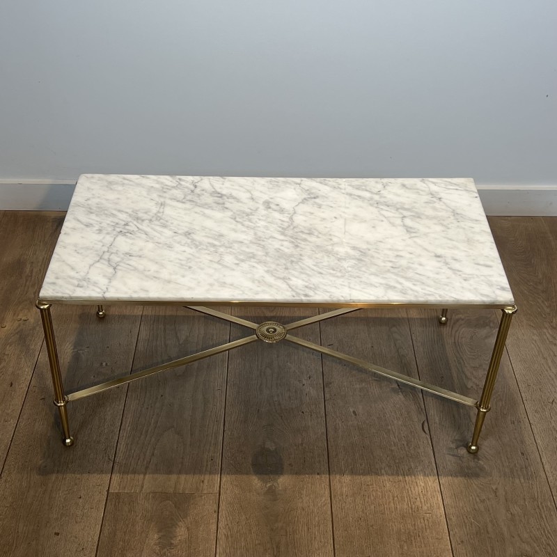 Rectangular Coffee Table in Brass with White Marble Top, X | Maison Barrois