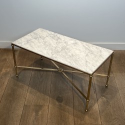 Rectangular Coffee Table in Brass with White Marble Top, X | Maison Barrois