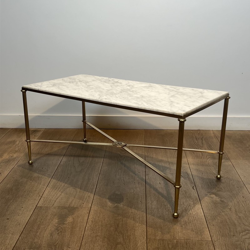 Rectangular Coffee Table in Brass with White Marble Top, X | Maison Barrois