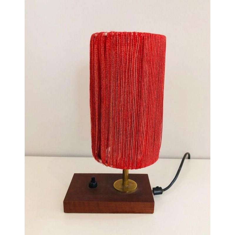 Small Wood, Brass and Wool Table Lamp, French Work, circa 1950