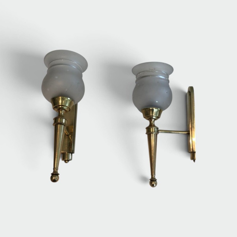 Pair of Torch-Form Brass Sconces with Frosted Glass Tulips | Maison Barrois