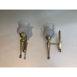 Pair of Torch-Form Brass Sconces with Frosted Glass Tulips | Maison Barrois