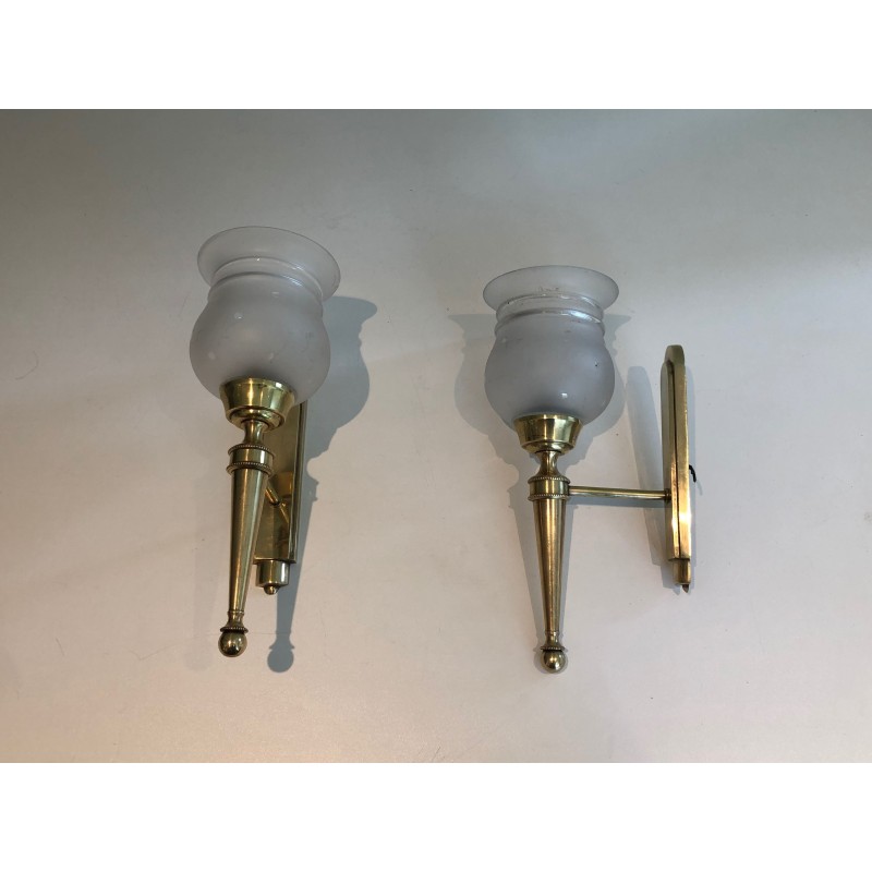 Pair of Torch-Form Brass Sconces with Frosted Glass Tulips | Maison Barrois