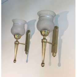 Pair of Torch-Form Brass Sconces with Frosted Glass Tulips | Maison Barrois