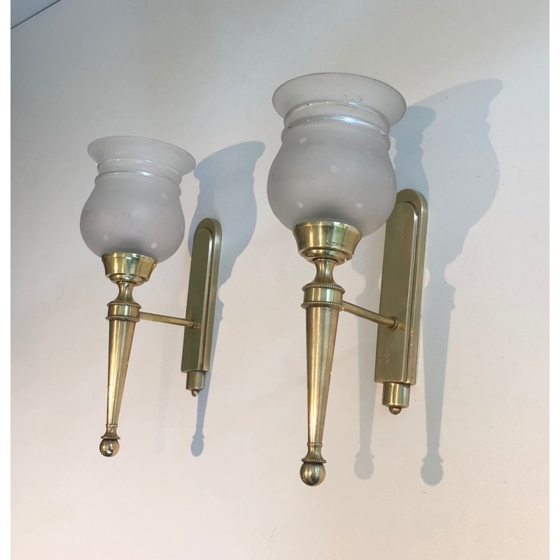 Pair of Torch-Form Brass Sconces with Frosted Glass Tulips | Maison Barrois
