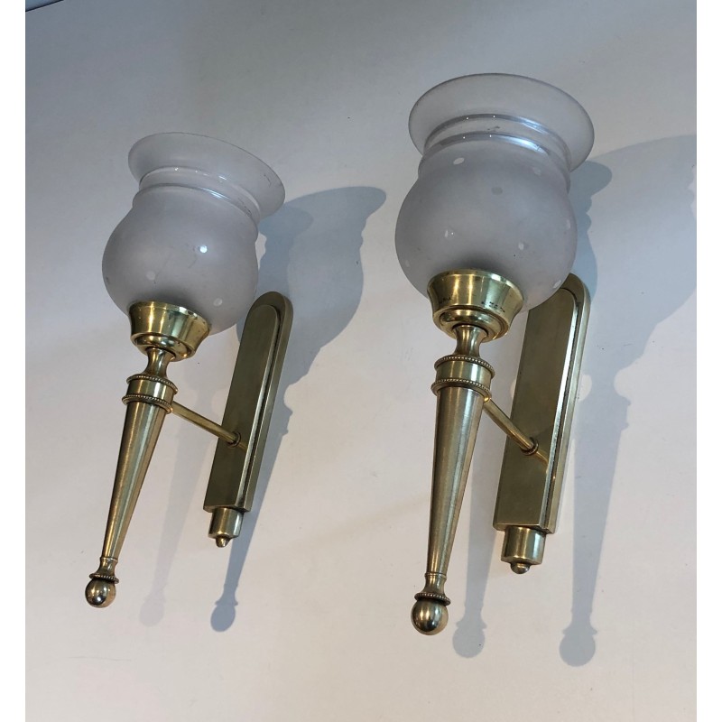 Pair of Torch-Form Brass Sconces with Frosted Glass Tulips | Maison Barrois