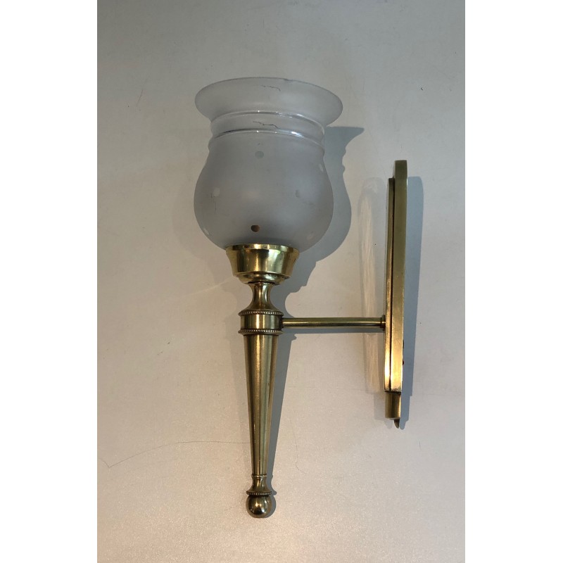 Pair of Torch-Form Brass Sconces with Frosted Glass Tulips | Maison Barrois