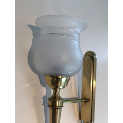 Pair of Torch-Form Brass Sconces with Frosted Glass Tulips | Maison Barrois