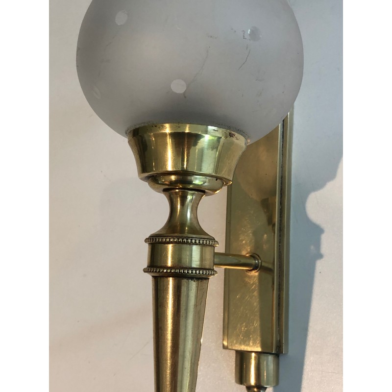 Pair of Torch-Form Brass Sconces with Frosted Glass Tulips | Maison Barrois