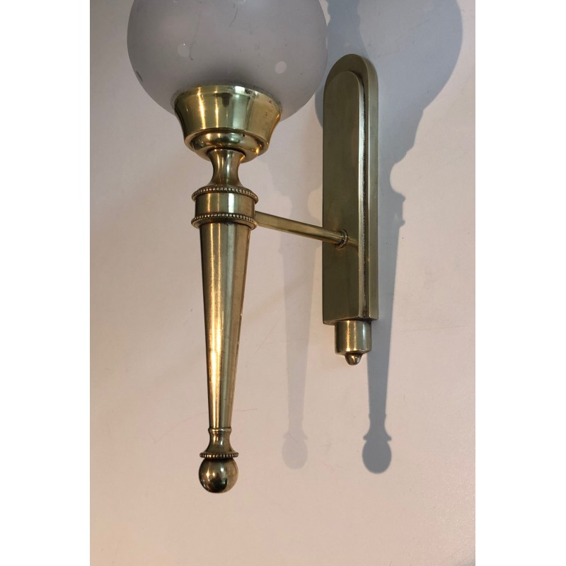 Pair of Torch-Form Brass Sconces with Frosted Glass Tulips | Maison Barrois