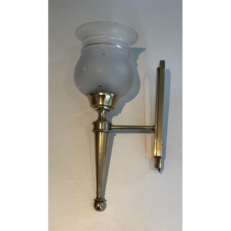 Pair of Torch-Form Brass Sconces with Frosted Glass Tulips | Maison Barrois