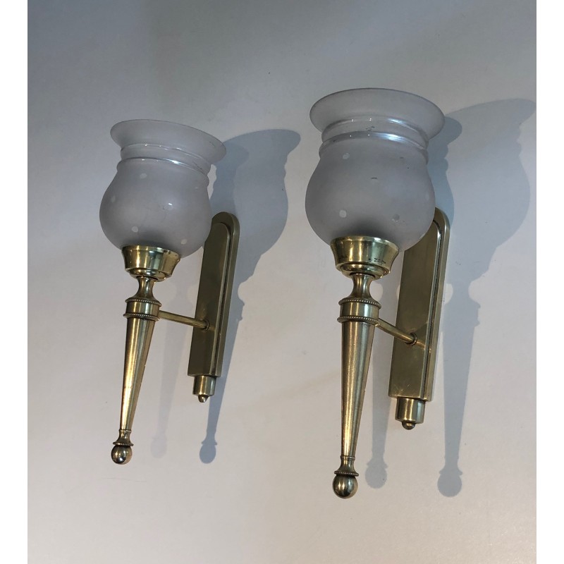 Pair of Torch-Form Brass Sconces with Frosted Glass Tulips | Maison Barrois