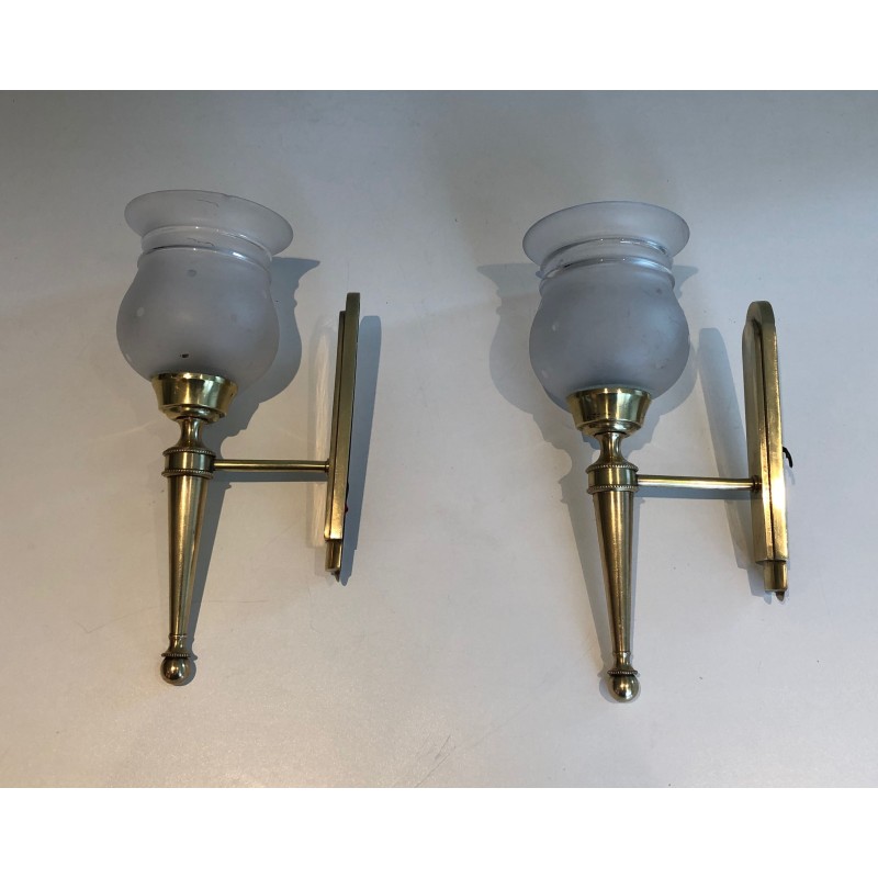 Pair of Torch-Form Brass Sconces with Frosted Glass Tulips | Maison Barrois