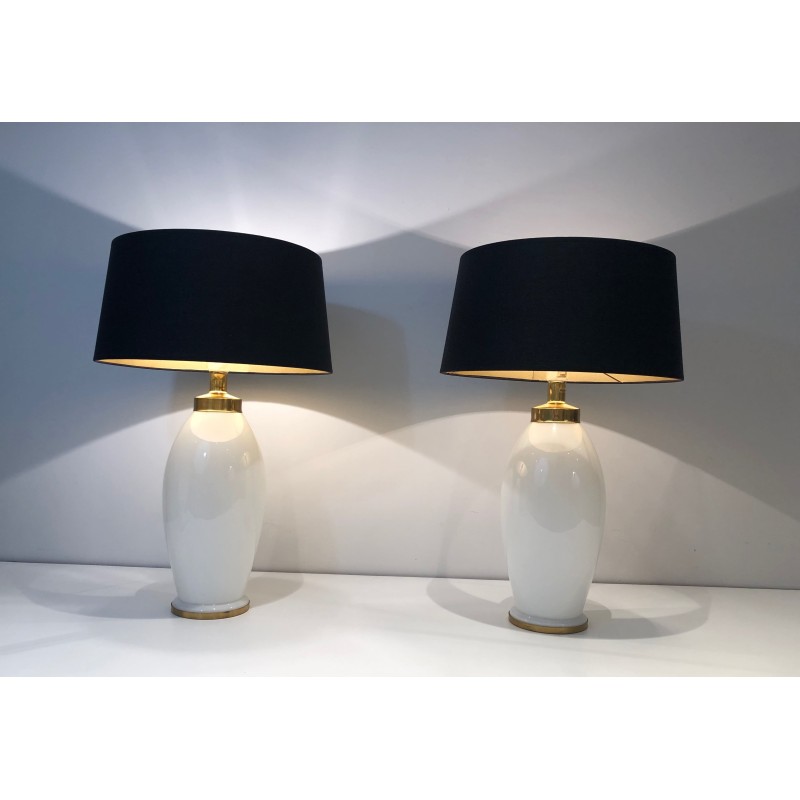 Pair of White Ceramic Lamps of Ovoid Form with Brass Mount | Maison Barrois
