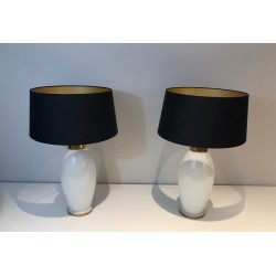 Pair of White Ceramic Lamps of Ovoid Form with Brass Mount | Maison Barrois
