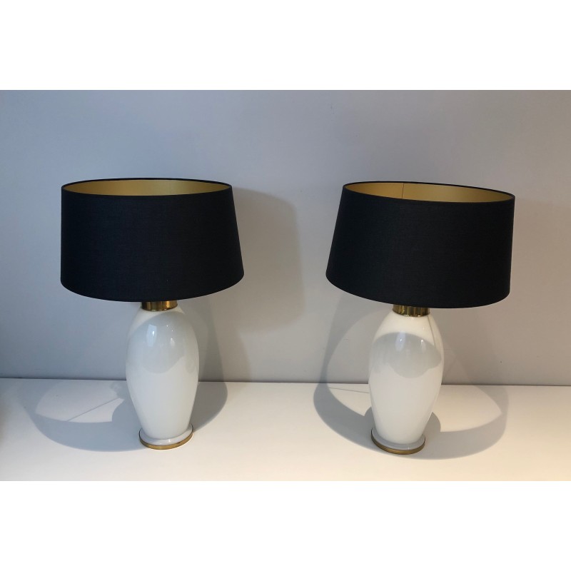 Pair of White Ceramic Lamps of Ovoid Form with Brass Mount | Maison Barrois