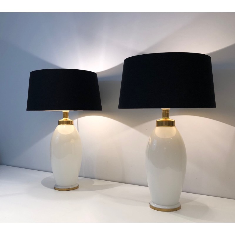 Pair of White Ceramic Lamps of Ovoid Form with Brass Mount | Maison Barrois