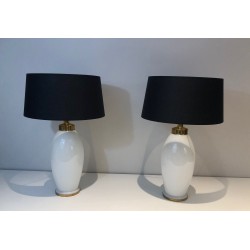 Pair of White Ceramic Lamps of Ovoid Form with Brass Mount | Maison Barrois