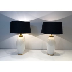 Pair of White Ceramic Lamps of Ovoid Form with Brass Mount | Maison Barrois