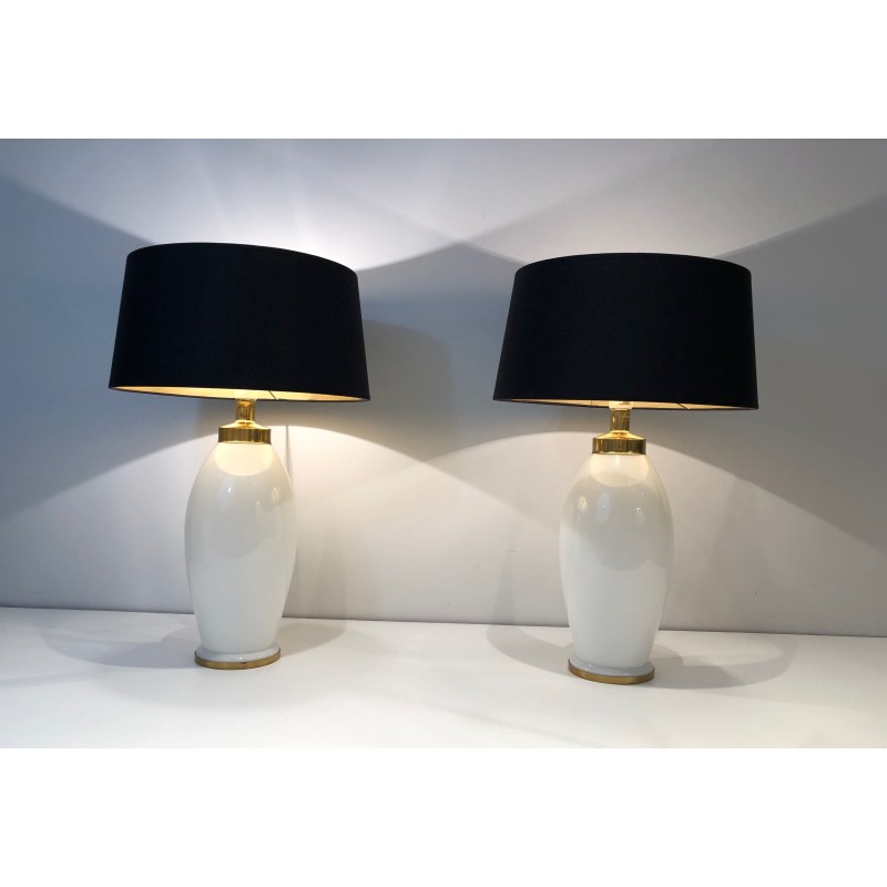 Pair of White Ceramic Lamps of Ovoid Form with Brass Mount | Maison Barrois