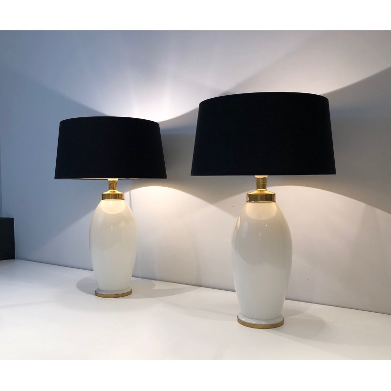 Pair of White Ceramic Lamps of Ovoid Form with Brass Mount | Maison Barrois