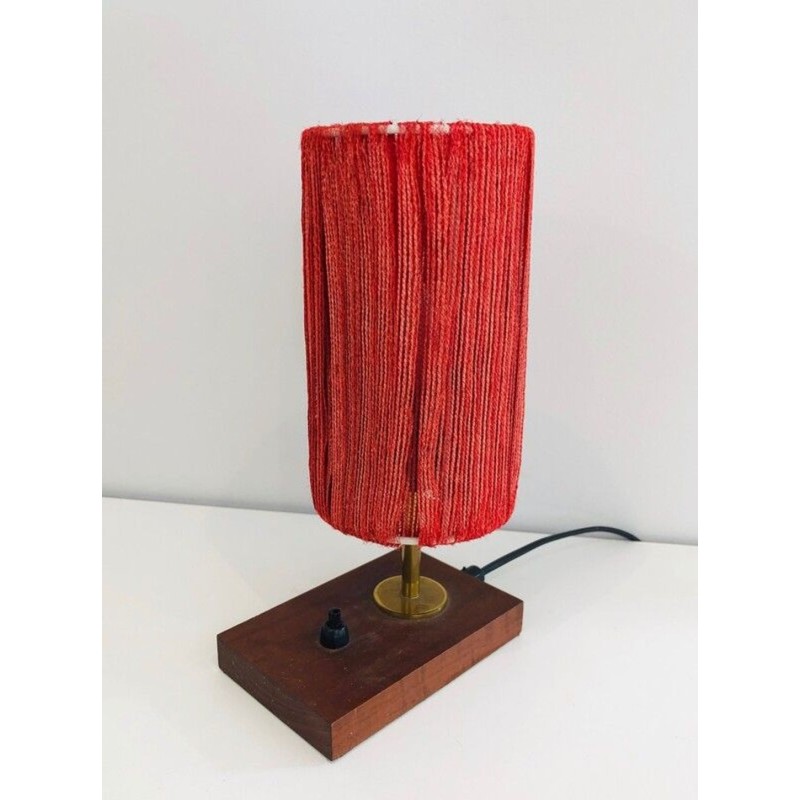 Small Wood, Brass and Wool Table Lamp, French Work, circa 1950